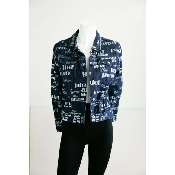 Vintage Johnny Blaze Flame Dark Denim All Over Print Women's Jacket M - Picture 2 of 12